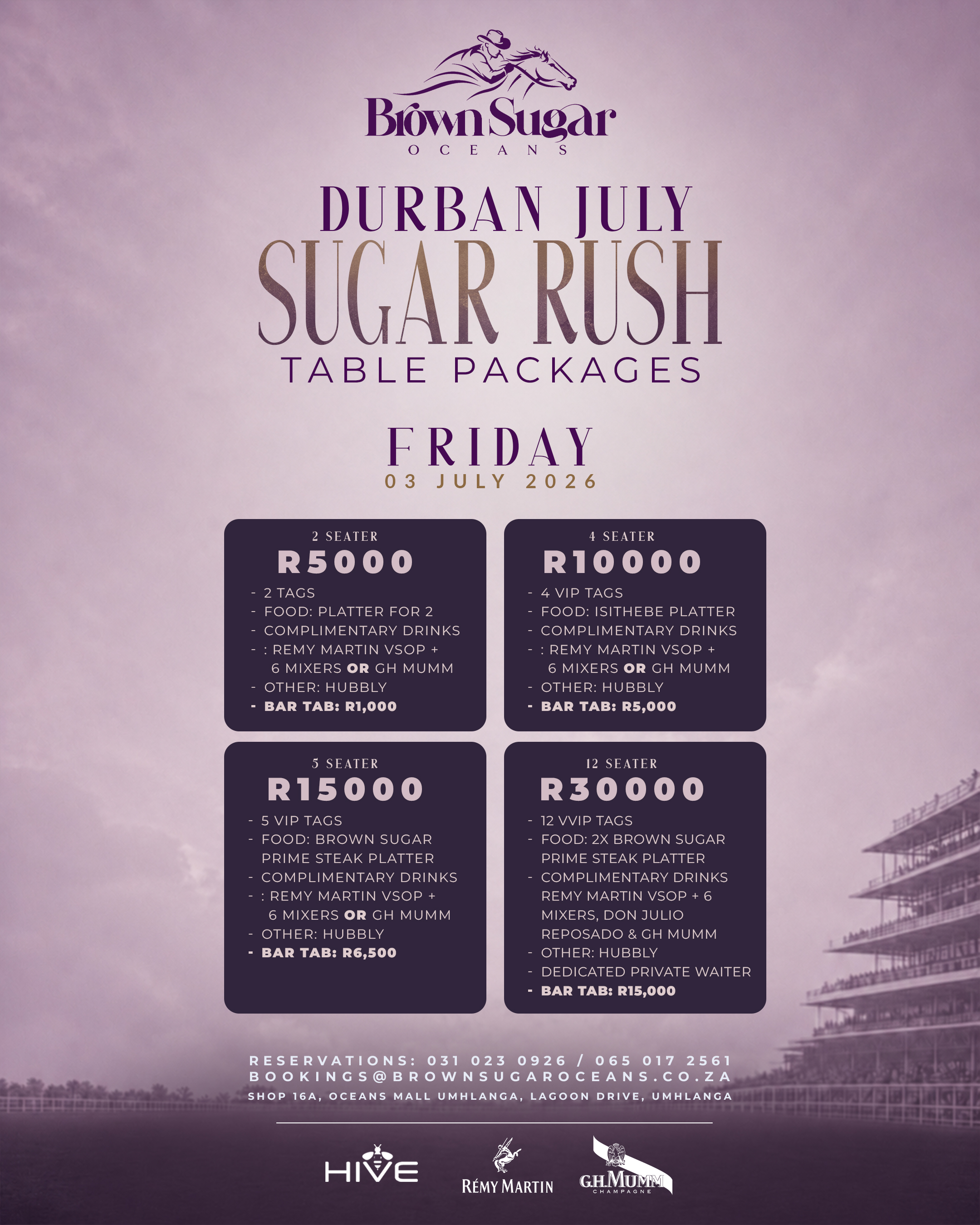 Durban July Sugar Rush table packages for Friday 03 July 2026