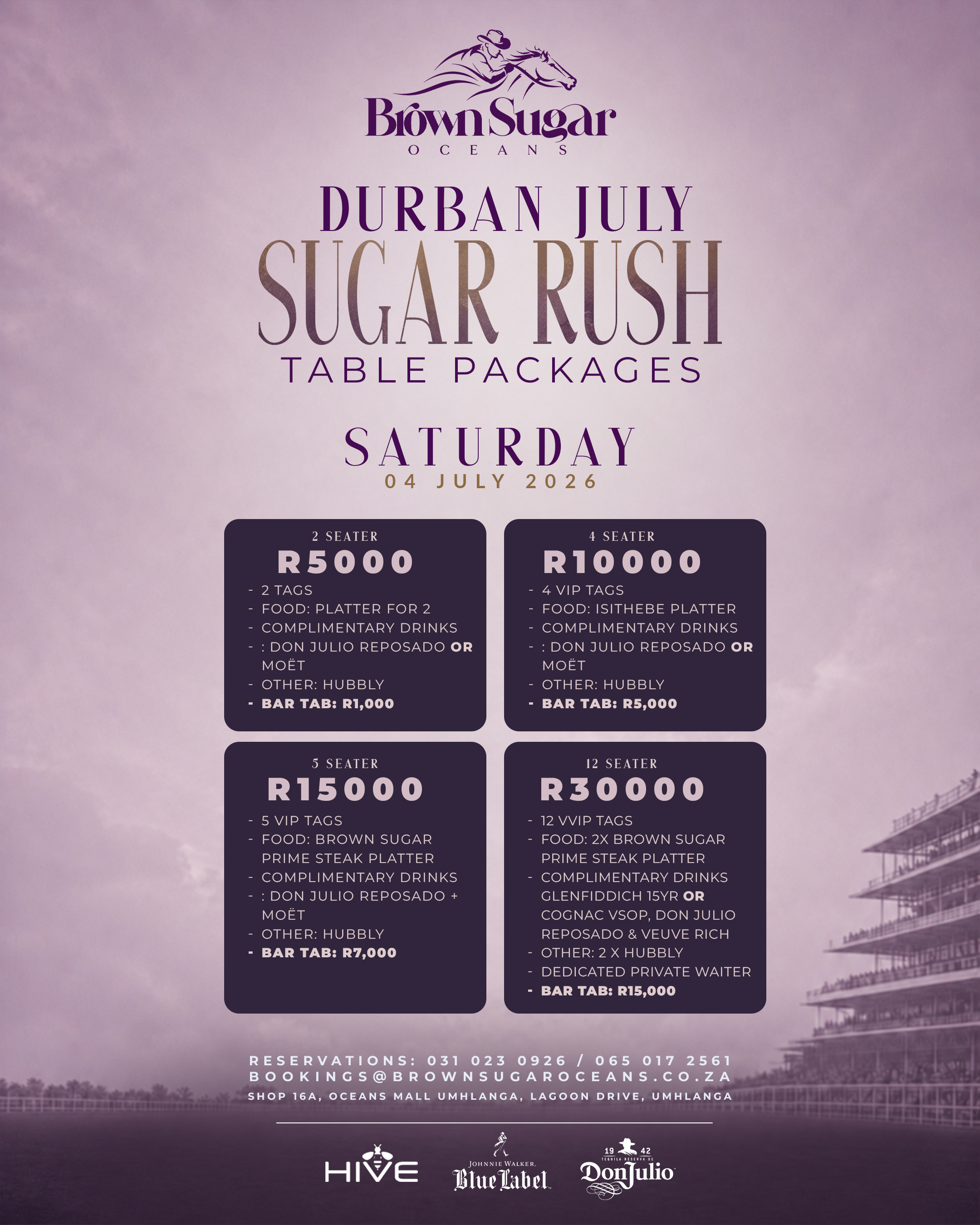 Durban July Sugar Rush table packages for Saturday 04 July 2026