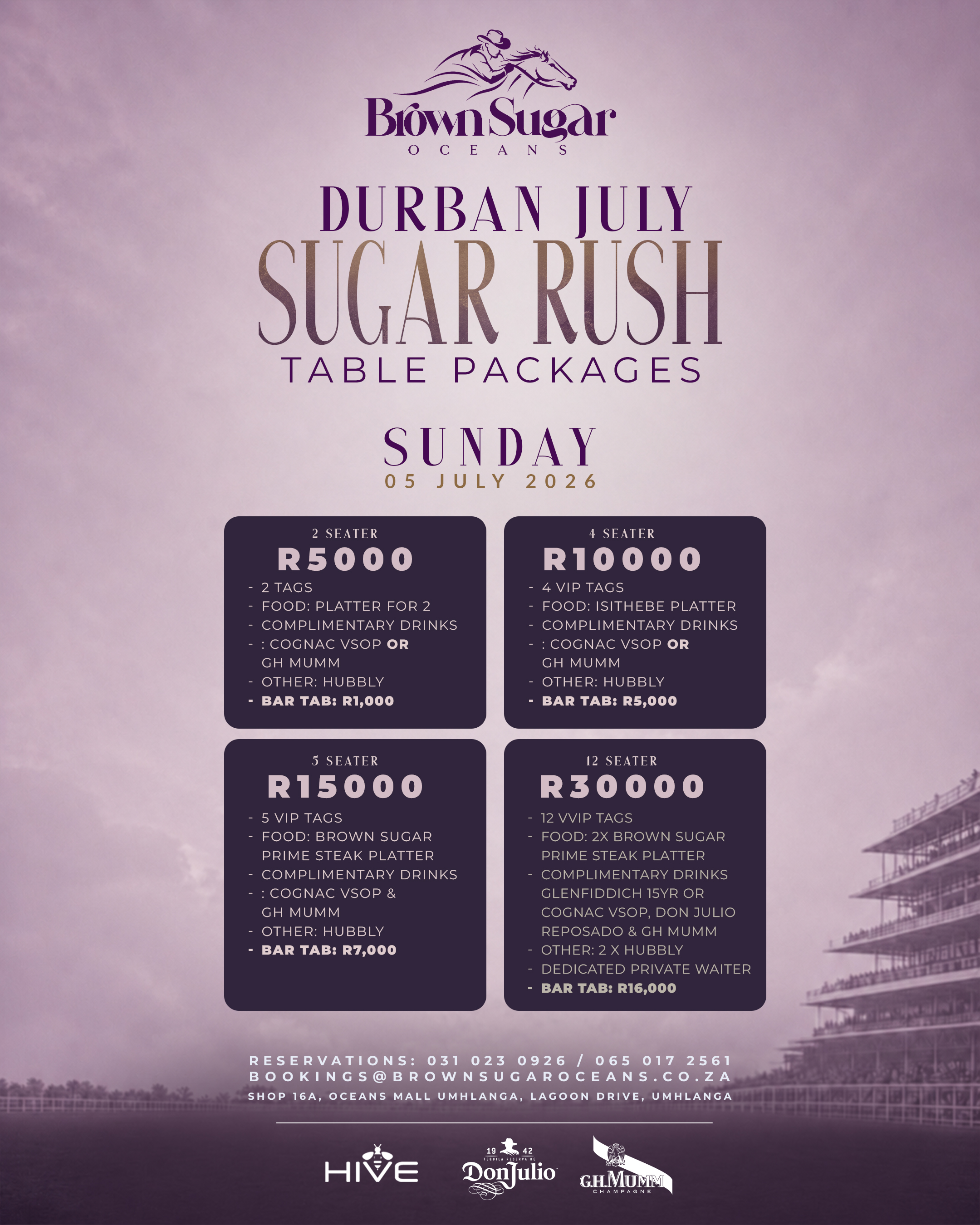 Durban July Sugar Rush table packages for Sunday 05 July 2026